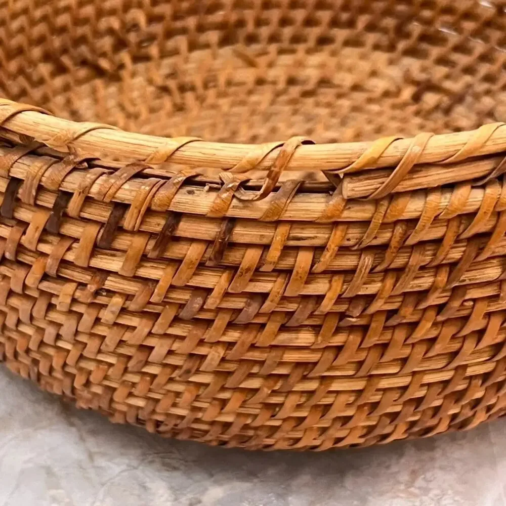 Natural Rattan Round Fruit Basket Weaved Aged Patina 10.5